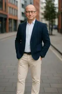 Portrait of the owner of Gatwick Sound Photobooth, standing confidently outdoors in smart casual attire.