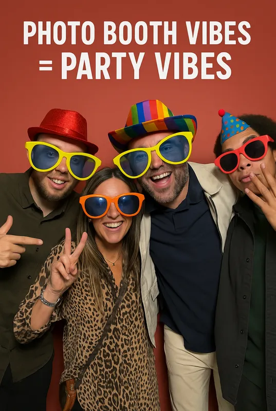 Group of friends enjoying a photo booth at a fun Croydon party – big smiles, party hats, and bold vibes