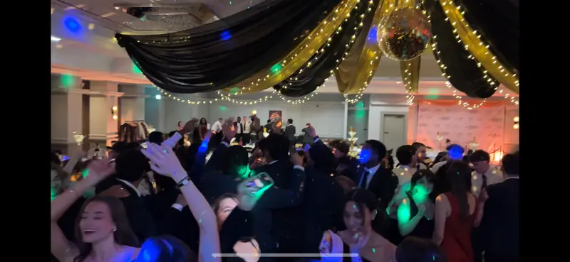 Hands-in-the-air singalong on a packed Sussex dancefloor beneath a disco ball and string lights
