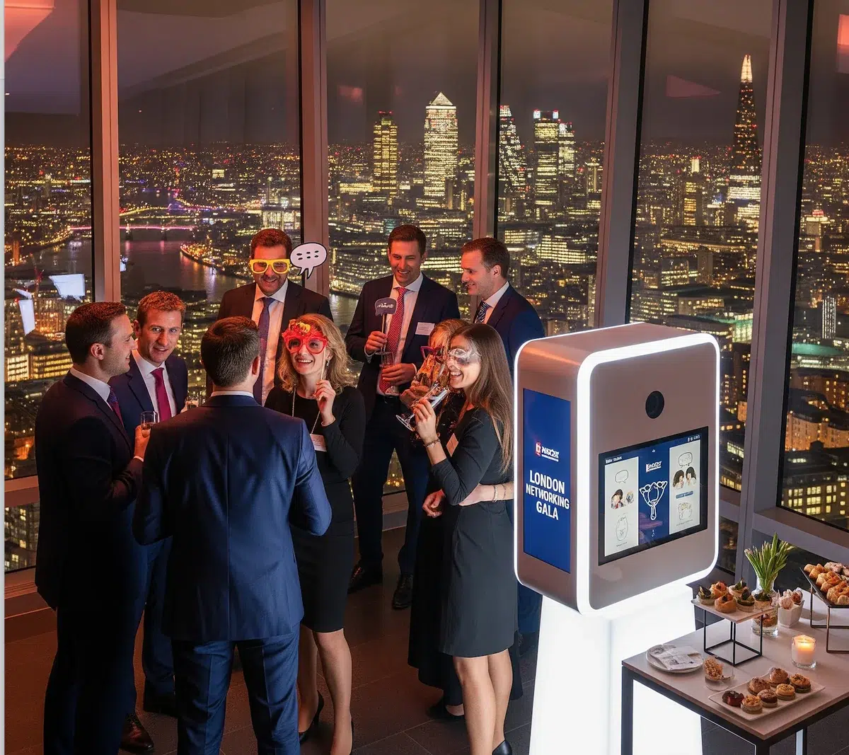 Corporate photo booth at a networking event in Canary Wharf with London skyline at night