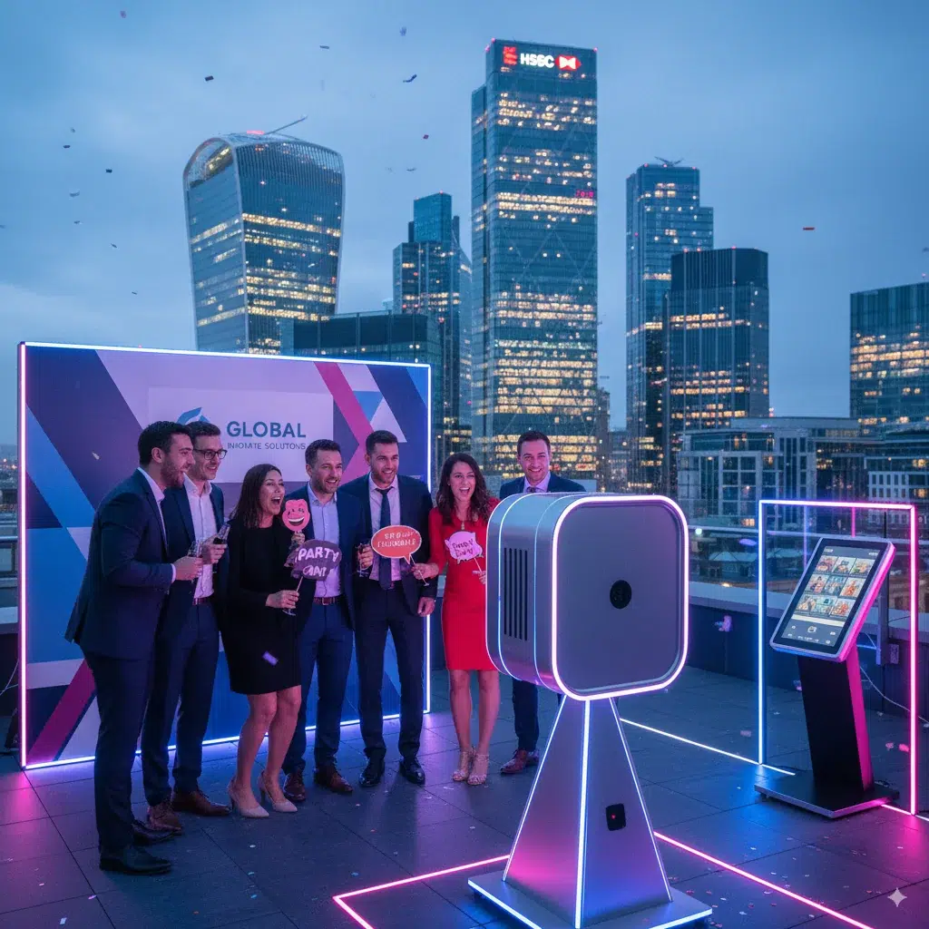 Rooftop corporate photo booth in Canary Wharf with illuminated setup and London skyline