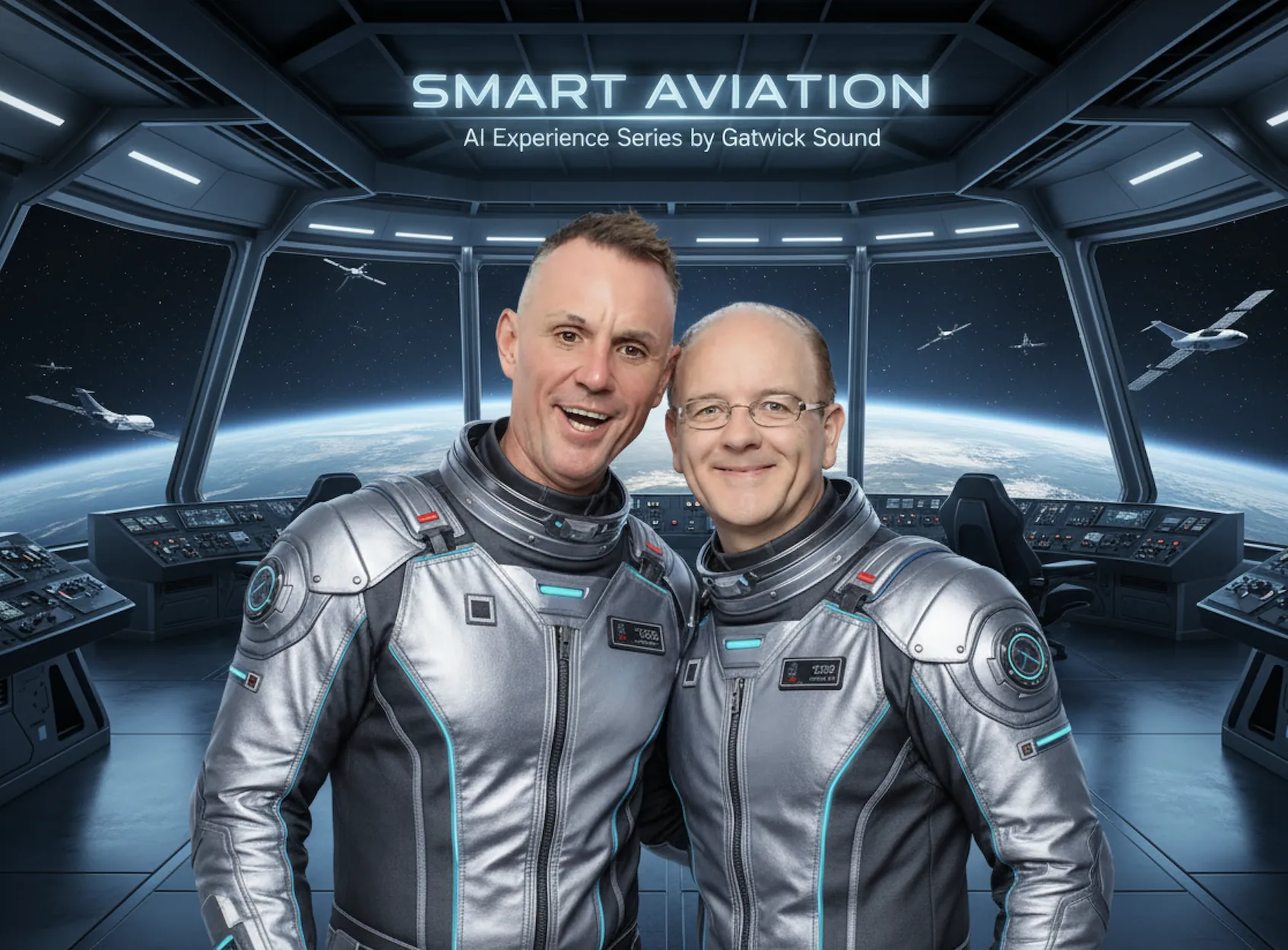AI-styled corporate photo in futuristic astronaut suits, Smart Future concept by Gatwick Sound.